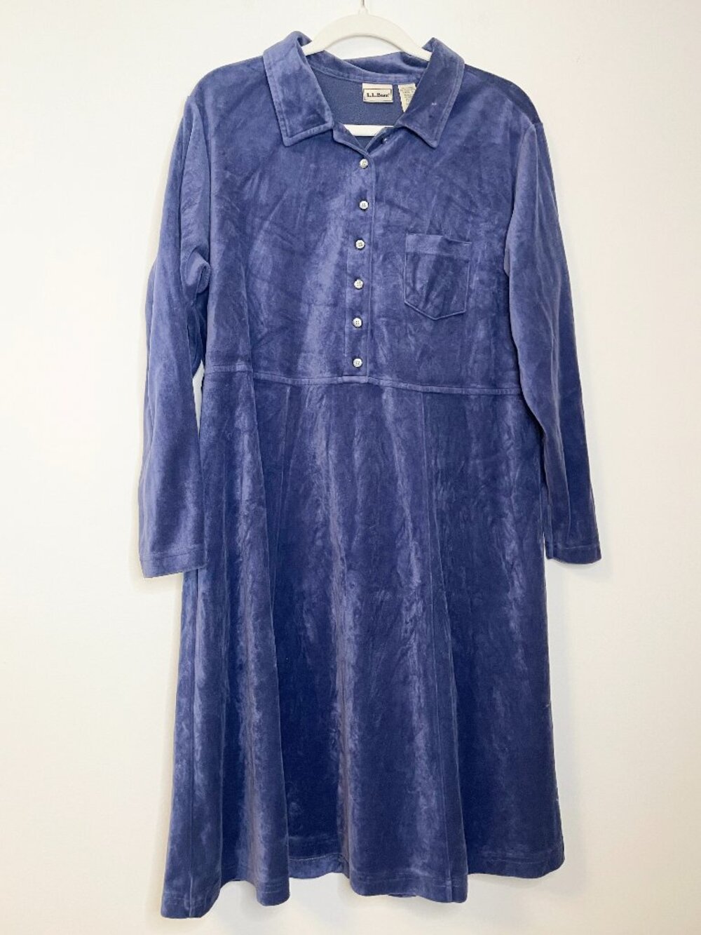 L.L.Bean Blue Velour Shirt Dress Women's Petite 18 Long Sleeve Collared Vintage